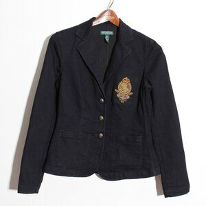 Ralph Lauren Logo Crest Emblem Blazer Jacket Navy Cotton Single Breasted Size XS